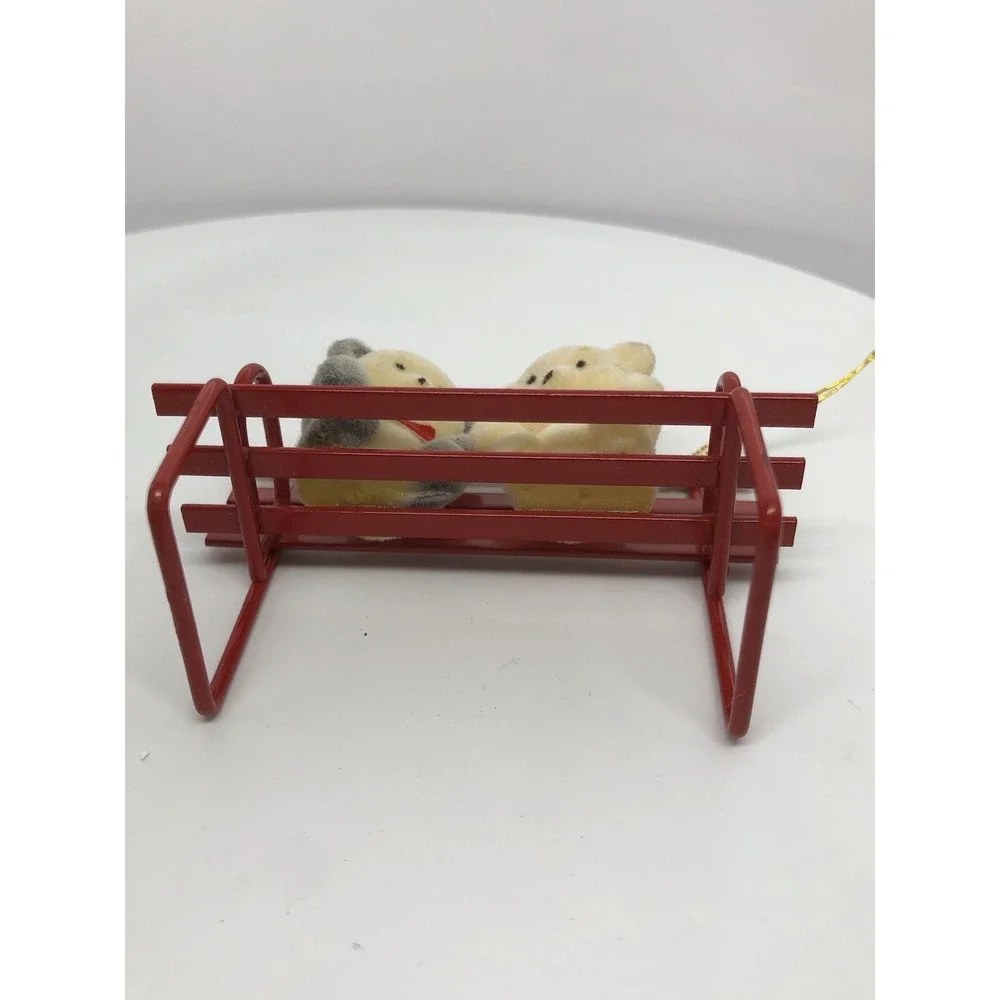 Vintage Russ Berrie & Co Red Metal Bench with 2 Bears Christmas‎ Ornament